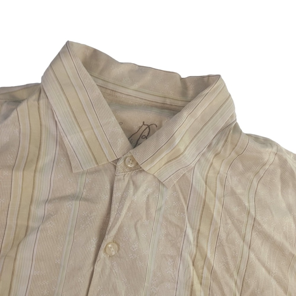 Tommy Bahama Mens XL Cream Striped 100% Silk Embroidered Camp Button Up Shirt